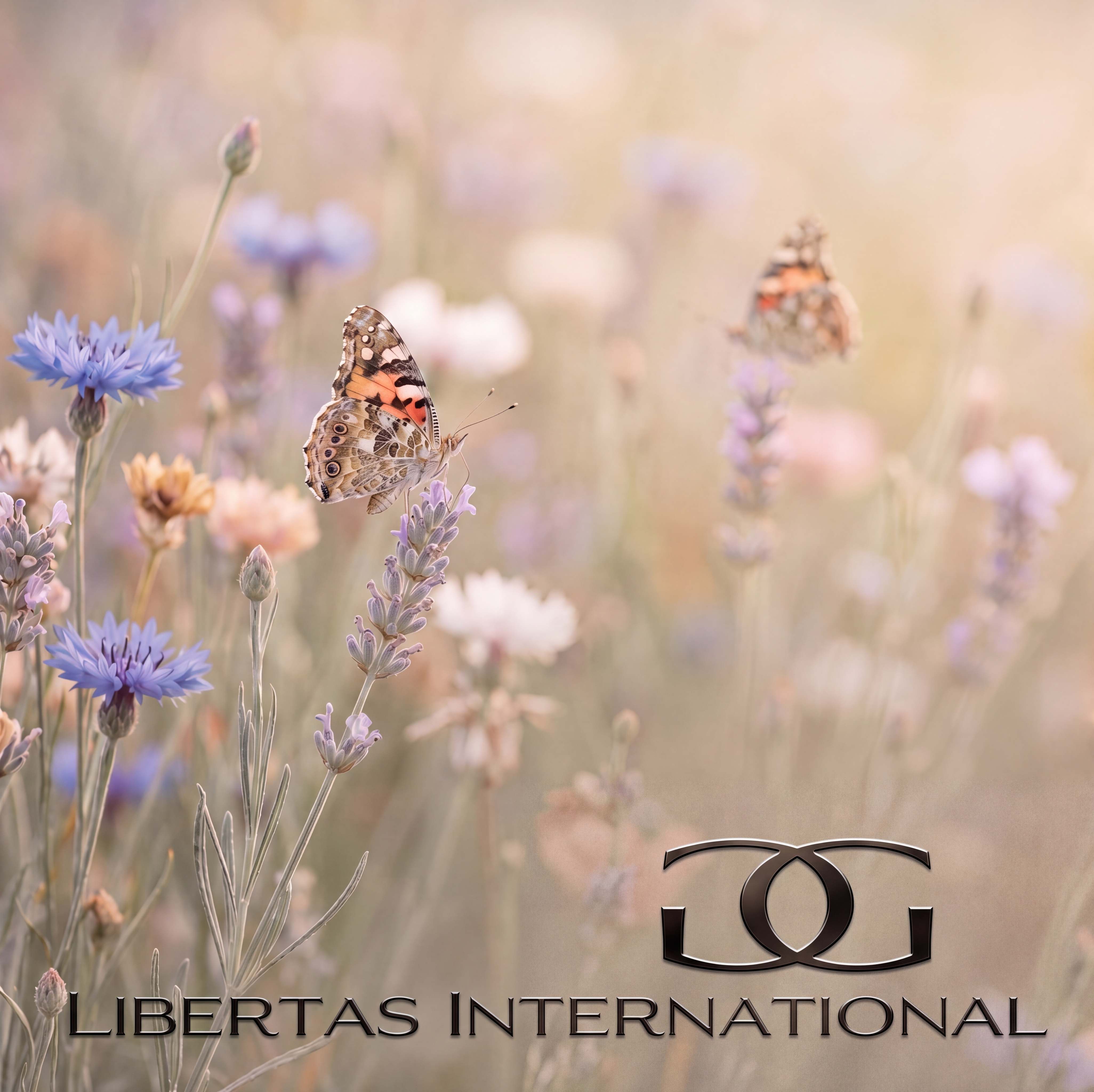 Painted-lady butterflies resting on lavender and cornflowers in a soft wildflower meadow, with the Libertas International logo